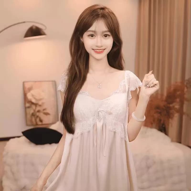 Miss Chestnut Light Luxury Nightdress Sexy Lace Women's Short-sleeved Fashion with Chest Pad V-neck High-end Pajamas Home Clothes