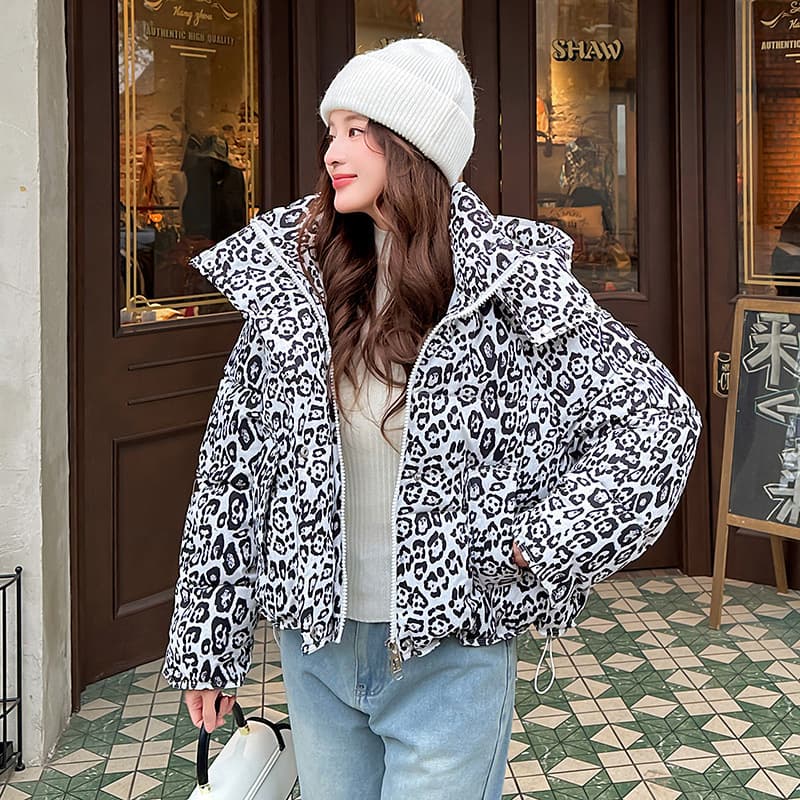 Down jacket women's short 2025 new design winter thickened cotton jacket leopard print hooded loose cotton jacket