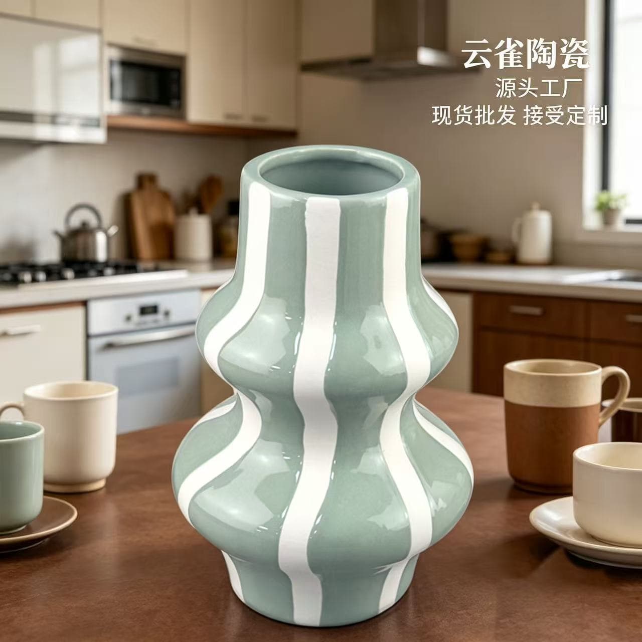 Ins-style decorative vase for flower arrangement, high-end creative ceramic painted vase, home green and white striped vase