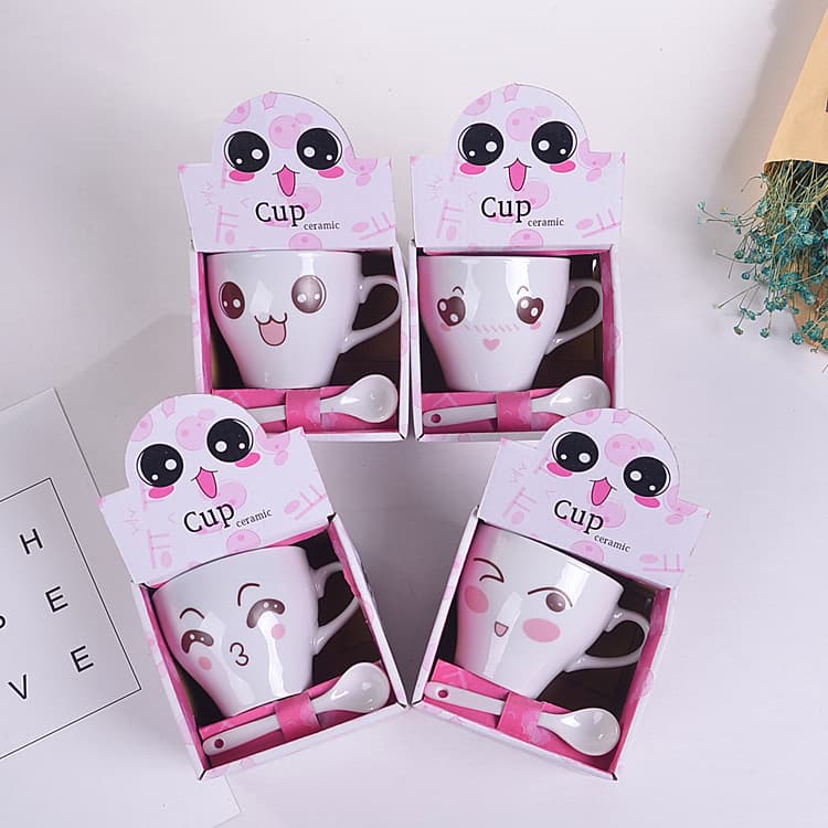Cartoon ceramic cup small gift simple coffee cup with spoon Chinese mug opening ceremony event gift