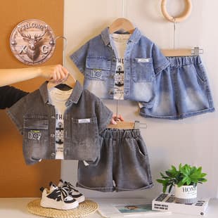 Boys' Summer Short Sleeve New 2026 Kids Casual Clothes Set Baby Thin Denim Short Sleeve Three-Piece