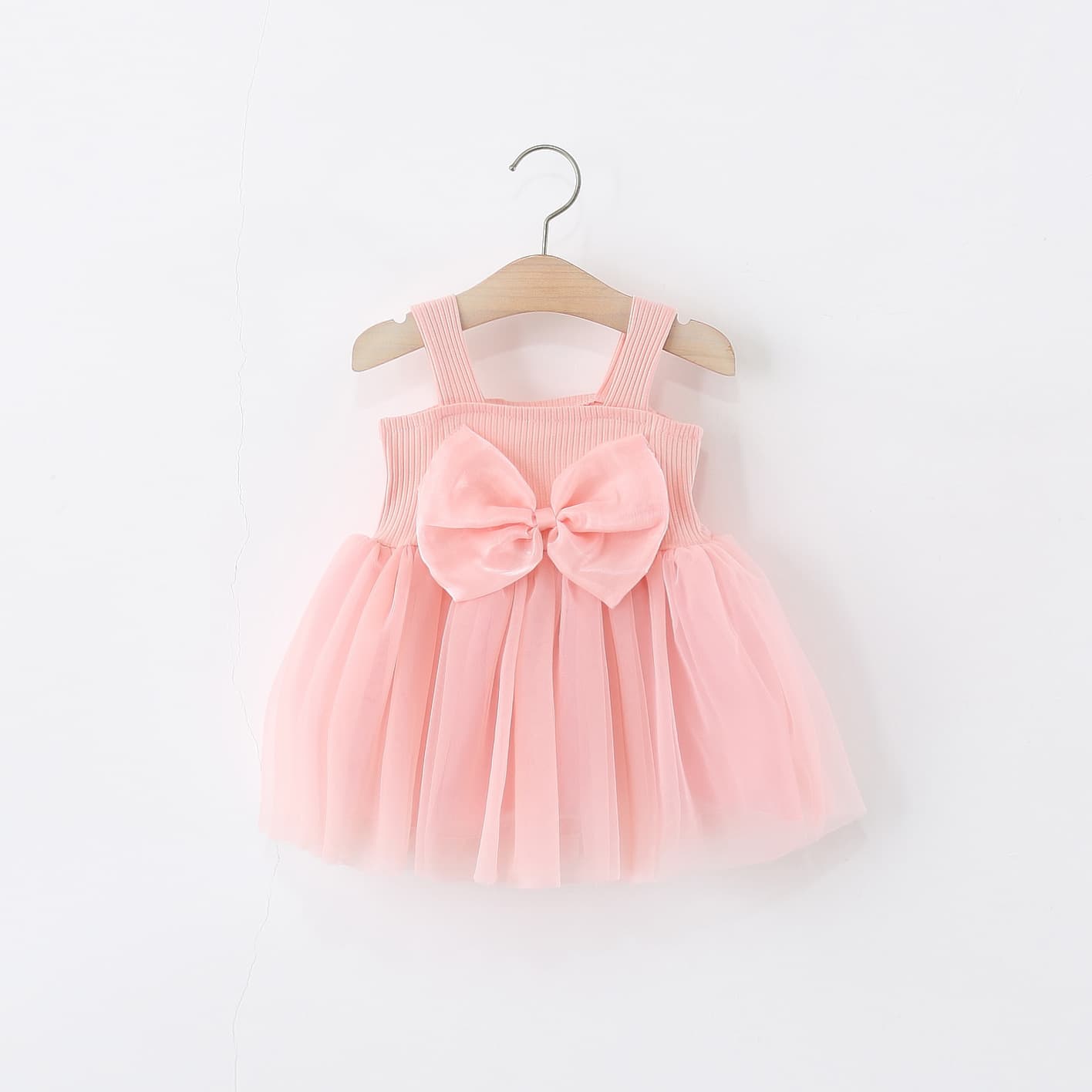 Summer New Children's Clothing Wholesale Bow Knitted Mesh Spliced Girl Suspender Dress Drop Shipping