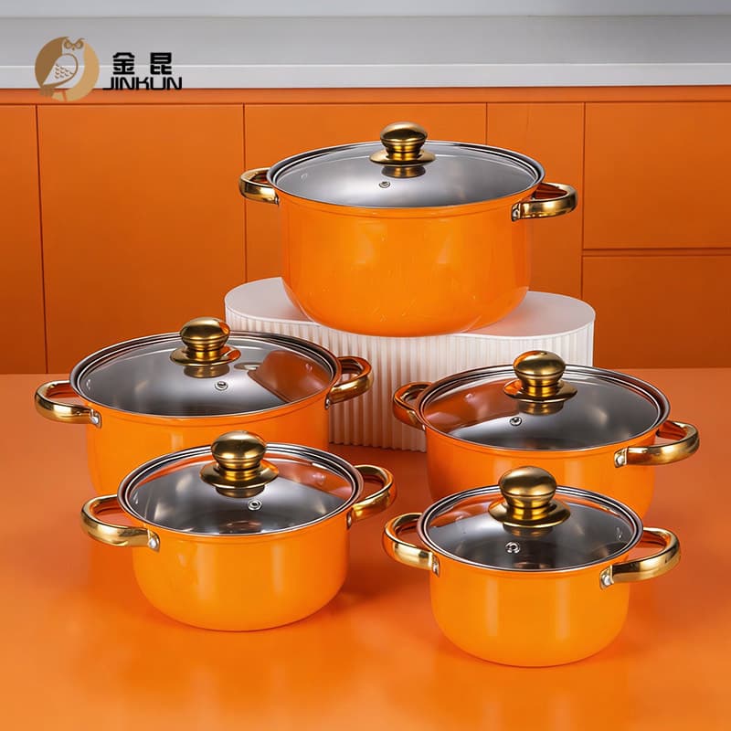 Cross-border export of stainless steel thickened 10-piece pot set with colorful gold-plated handle milk pot soup pot cookware set