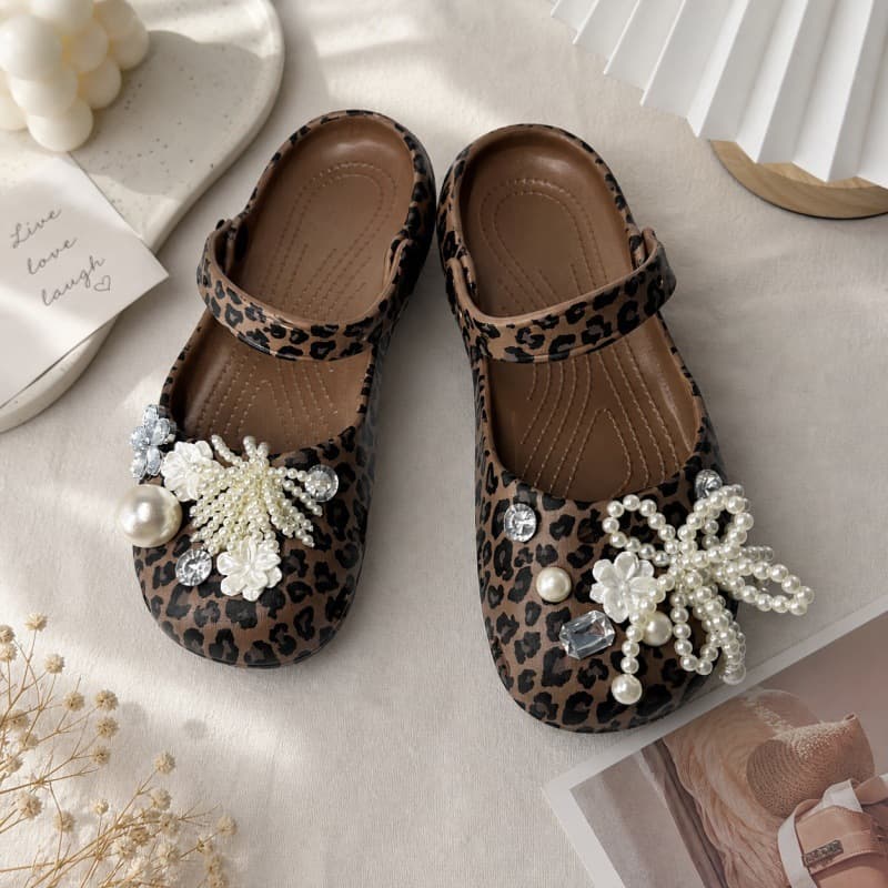 Leopard Print Mary Jane Ballet Shoes Sandals Women's Croc-Style Shoes Outdoor Slide Sandals Beach Shoes Home Slippers