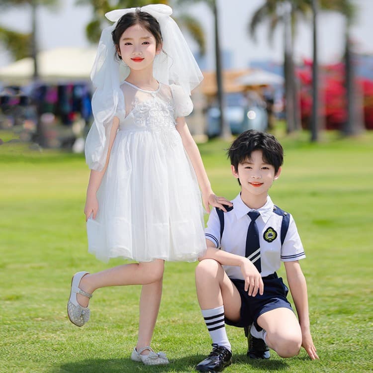 Children's Day Performance Costume for Boys and Girls, White Tulle Dress for Elementary School Group Performance, Kindergarten Choir Outfit