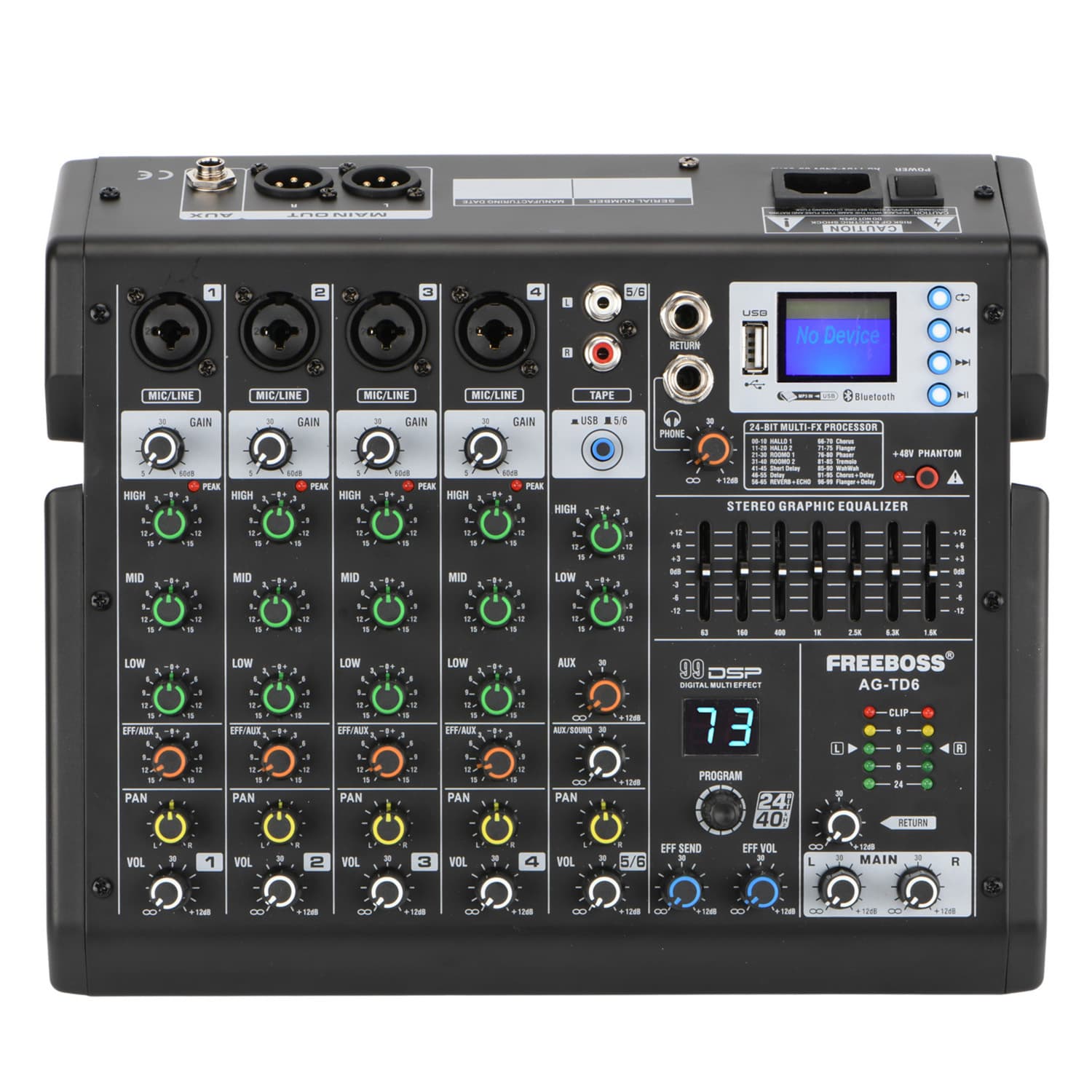 Factory Direct 4-Channel 6-Channel 99DSP Effect Mixing Console 7-Band EQ Bluetooth USB with Sound Card Small Mixer