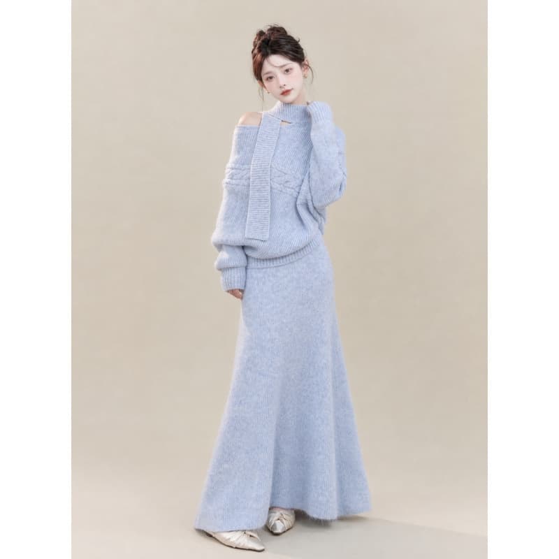 French Gentle Lazy Style Off-Shoulder Knit Set Women 2026 Autumn High-End Sense Elegant Two-Piece Set