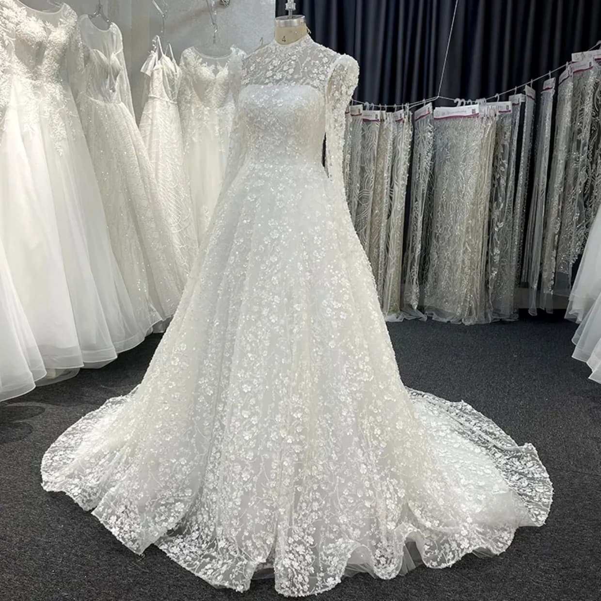 Wedding Dress Luxurious Beaded Floral French Lace Heavy Embellished High Neck Long Sleeve Train Wedding Gown Factory Direct
