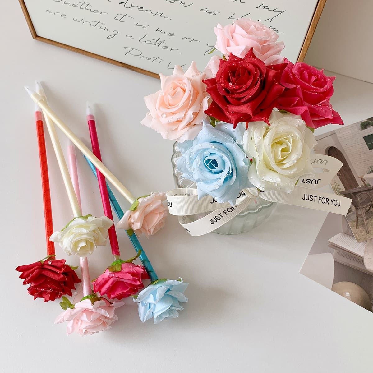 Creative Colorful Rose Gift Pen Desk Decoration Writing Pen Ballpoint Pen Neutral Pen Stationery Wholesale