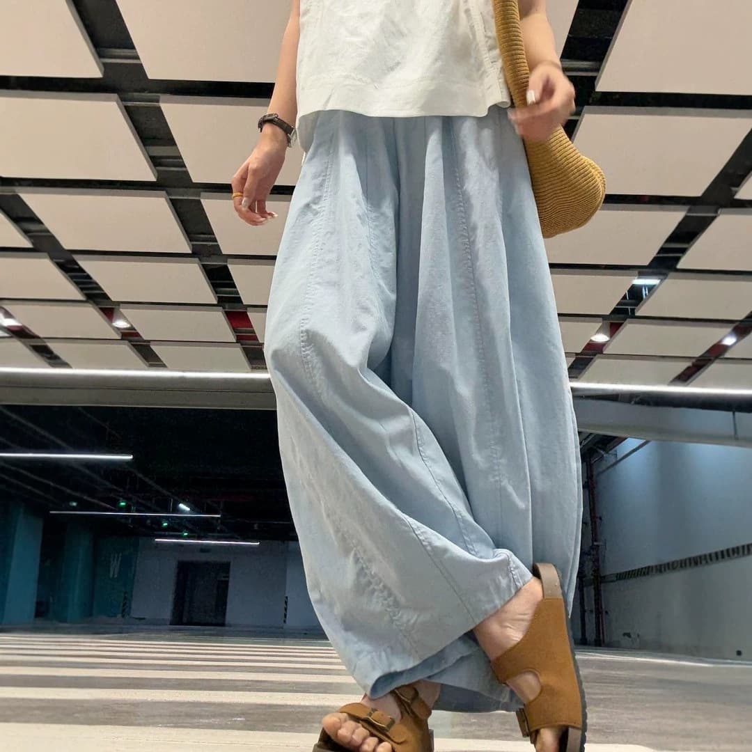 Plus Size Women's Summer Lightweight Light Blue Relaxed Curve Wide-Leg Pants Lazy Balloon Pants