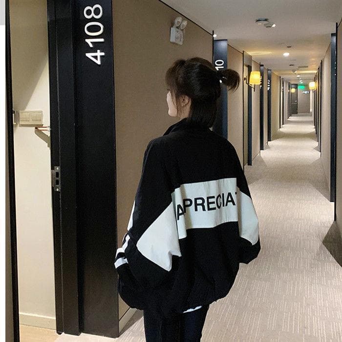 Women's Spring/Autumn New Korean Style Loose Fit Popular Color Block Letter Short Baseball Jacket for Petite Figures