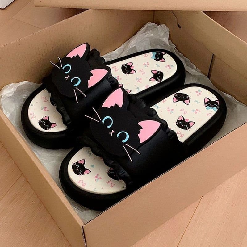 Cartoon Cute Black Cat Flat Sandals, Summer Outdoor Casual Soft Home Anti-Slip Indoor Slippers