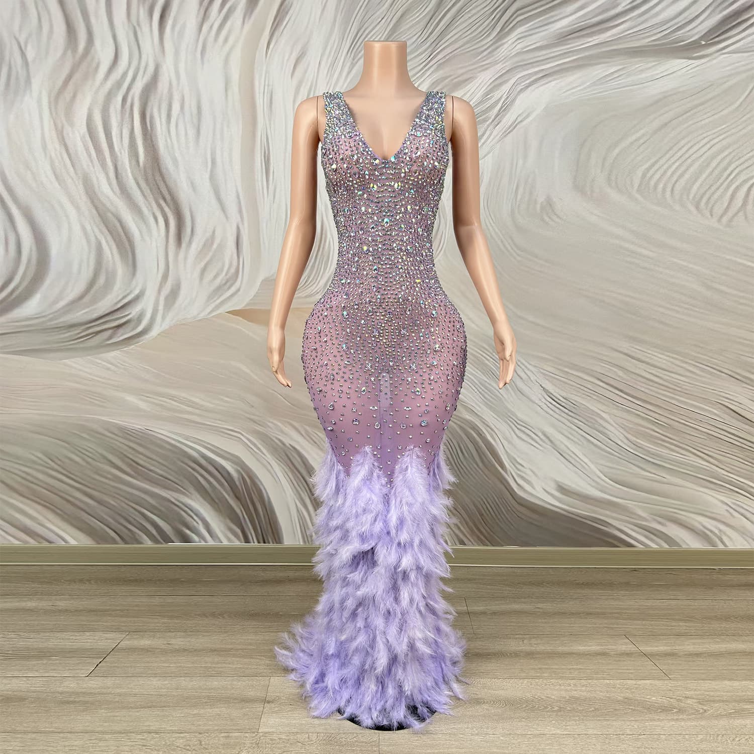 2026 New Fantasy Purple Feather Skirt Color Diamond Suspender Long Skirt Birthday Party Art Exam Catwalk Beauty Pageant Evening Gown