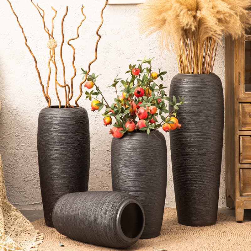 Ceramic Flower Vase Modern Minimalist Dry Flower Decorative Ornament Jingdezhen Coarse Pottery Black Floor Large Vase Free Shipping