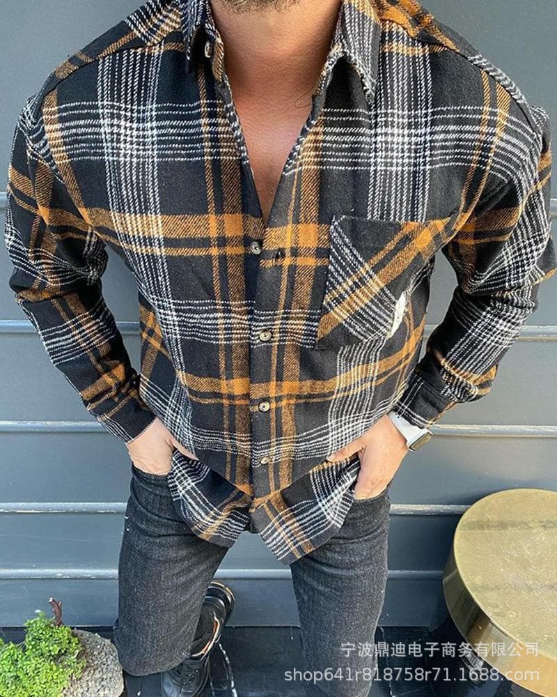 2021 Men's Fashion Plaid Lapel Long-Sleeve Shirt Jacket Autumn New Style Button Decoration Top