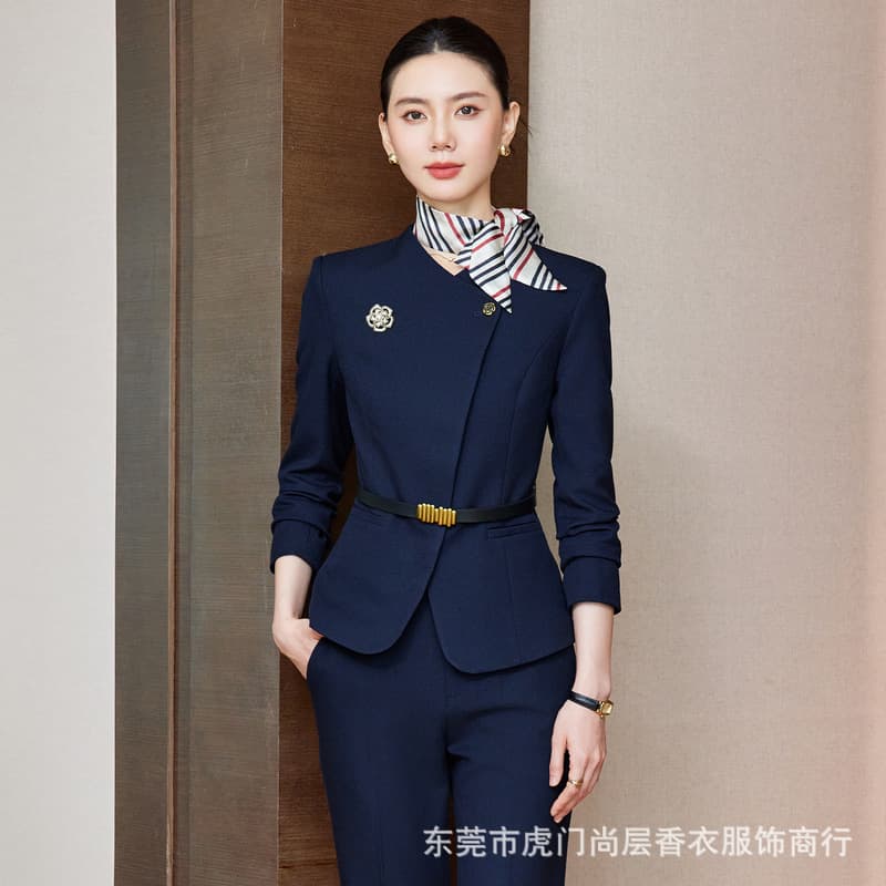 Premium Women's Two-Piece Formal Suit with Diagonal Front and Belt, Slim-Fit Blazer with Trousers, for Administrative Reception and Beauty Salon Workwear