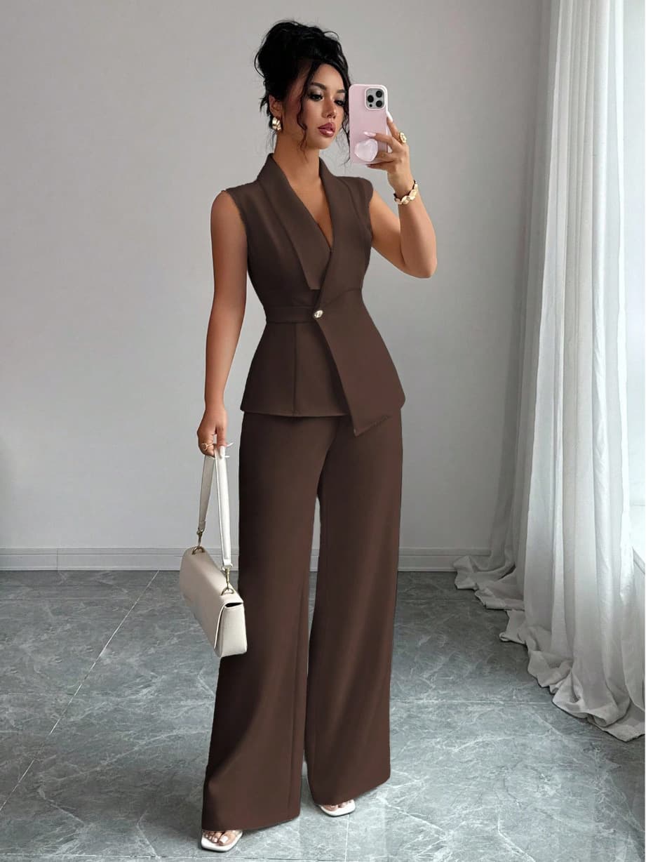 European and American Women's Spring/Fall Fashion Casual Suit Set, Women's Solid Color V-Neck Long Blazer with Wide-Leg Pants Two-Piece Set