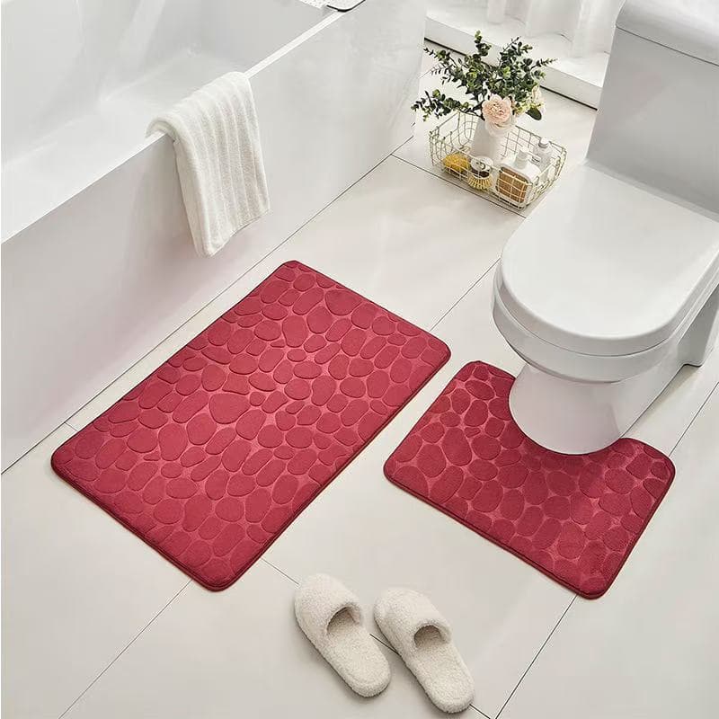 Cross-border Supply Temu Coral Fleece Bathroom Non-slip Mat Solid Color Two-piece Set Pebble Embossed Mat