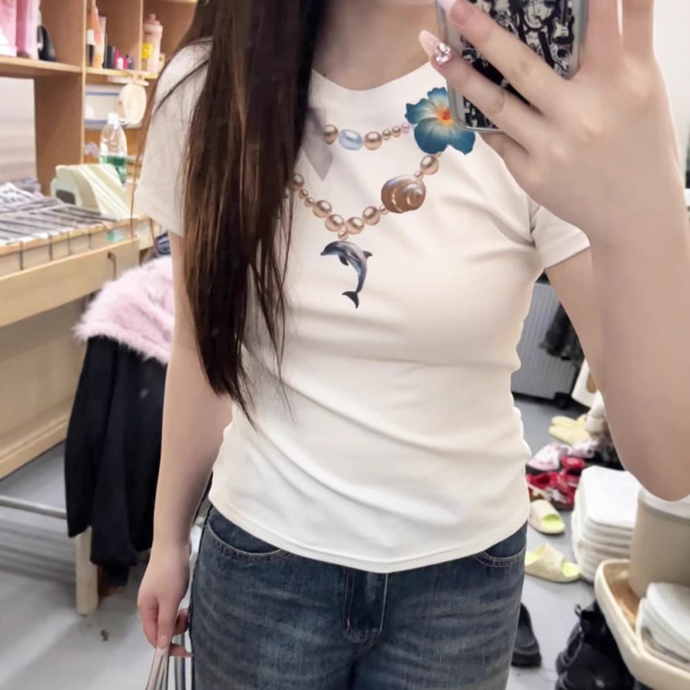 American Style Dolphin Print Short Sleeve T-Shirt for Women Summer New Casual Versatile Round Neck Base Top