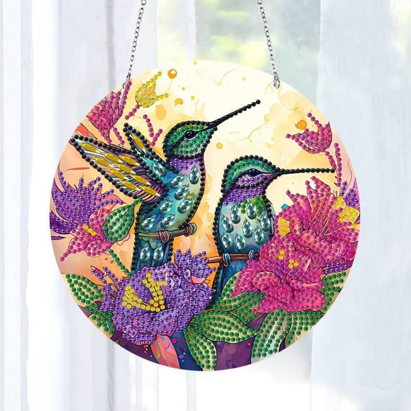 5DDIY 5D Flower Hummingbird Diamond Painting Kit Hanging Sign Wall Hummingbird Diamond Art Catcher Window Hanging