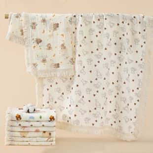 Kids Throw Blanket with Tassel Edge, Cartoon Print Cotton Wrap Blanket, Baby Bath Towel, Infant Blanket, Stroller Summer Cool Blanket, Air Conditioning Blanket