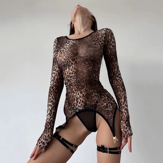 European and American clothing 2024 autumn sexy mesh leopard print cardigan bobby long-sleeved top slim fit jumpsuit set