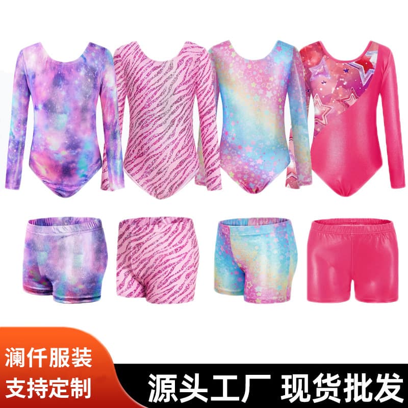 New European and American style long-sleeved printed triangle jumpsuit for girls' gymnastics and dance training.
