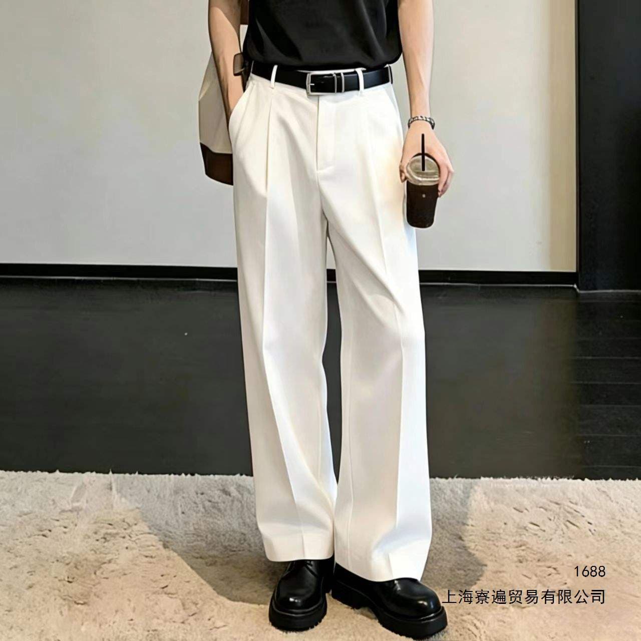 White Dress Pants for Men, Business Casual, Draped, 2026 New Style, High-Waisted Loose Wide-Leg Pants, Straight-Leg Trousers, Trendy