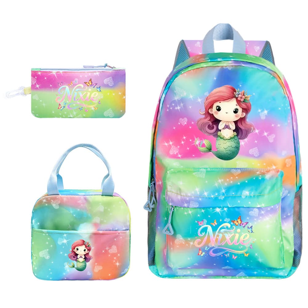 Hot-Selling Mermaid Printed Casual Backpack School Bag Set for Kids, 3-Piece Set with Lunch Bag and Pencil Case for Primary and Middle School Students