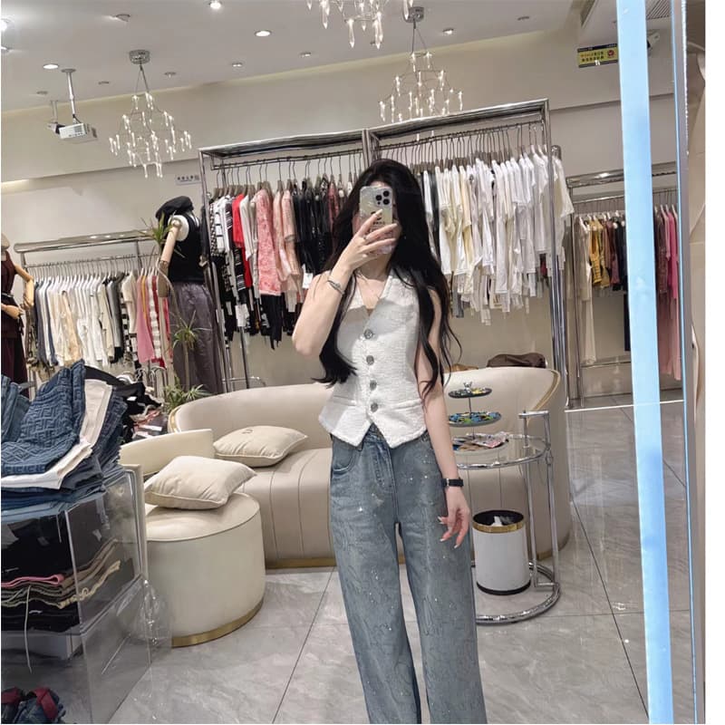 Spring and Summer New Tweed Chanel-Style Knit V-Neck Vest Short Top for Women