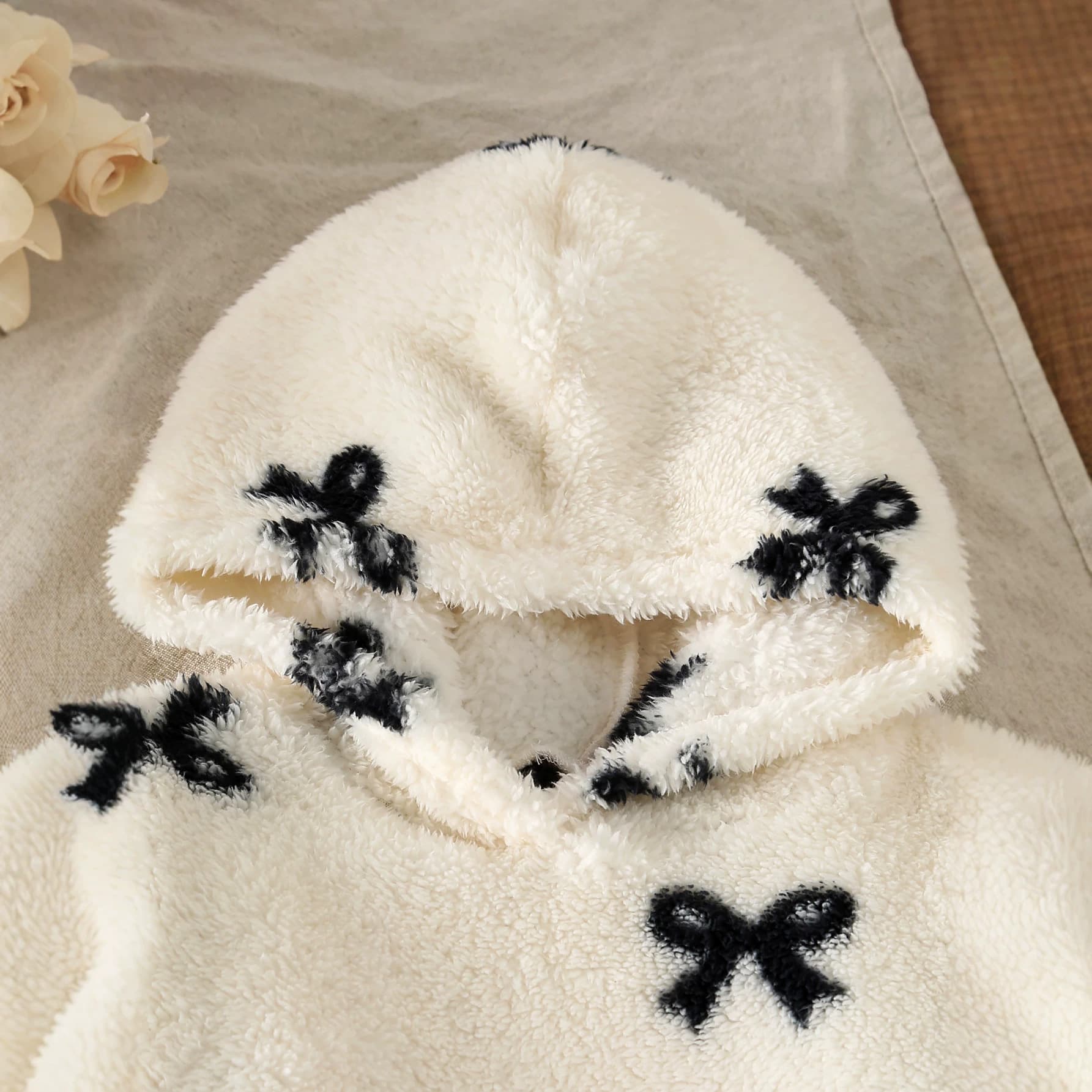 Girls' Autumn Winter Bowknot Plush Two-Piece Set Hooded Top with Thermal Leggings Baby Sweet Outfit