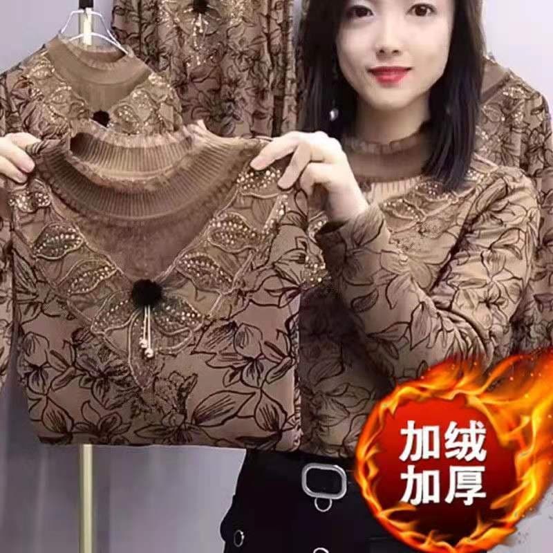 Fleece Lined Thickened Base Shirt Women's 2025 Autumn/Winter Long Sleeve Youthful Lace Collar Slimming Concealing Belly Mom Wear Trendy