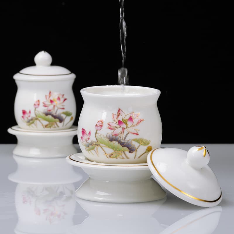 Painted Ceramic Lotus Offering Set Temple/Household Worship Fruit Plate Water Cup Shrine Tribute Decor Wholesale