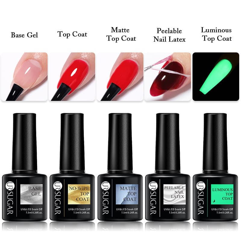 UR SUGAR Nail Base Coat Top Coat Anti-Spill Gel, Removable UV Gel Nail Polish, Tempered No-Wipe Glow-in-the-Dark Top Coat