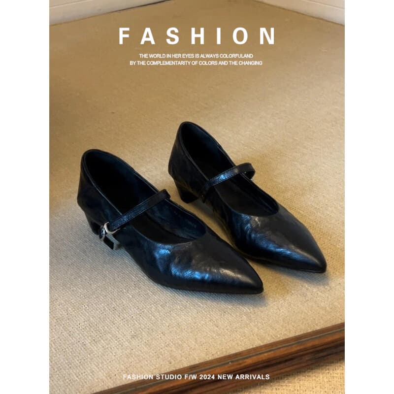 Sheepskin Elegant Pointed-Toe Mary Jane Shoes with a Chunky Heel, French Retro Style, Versatile Low-Cut Soft Shoes for Women