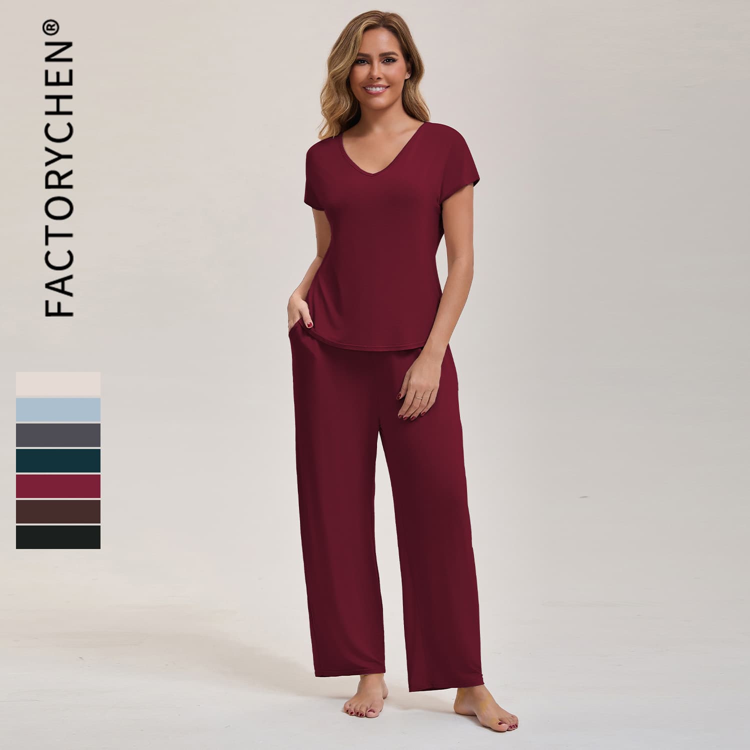 Pajama Cross-Border European and American Fashion V-Neck Sleepwear Women's Short Sleeve Long Pants Homewear Loose Comfortable Set