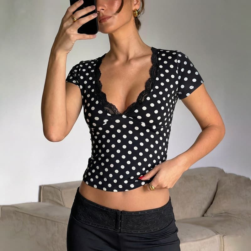 Sexy Polka Dot Patchwork V-Neck Short Sleeve T-Shirt for Women 2026 Summer New Trendy Slim Fit Crop Top Wholesale