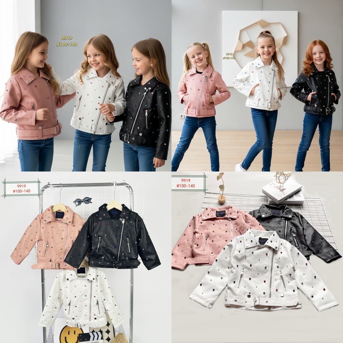 Children's PU Leather Jacket with Colorful Rhinestone Design, New Spring/Fall Style, Korean Slim Fit, Hot-Selling Export Wholesale Stock