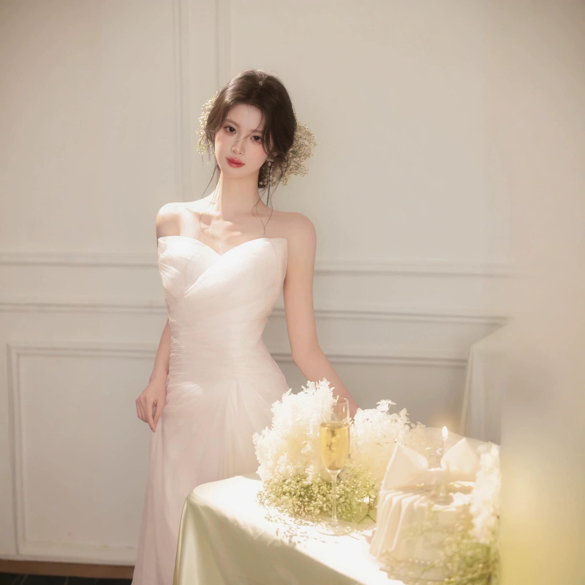 Korean-style New White Princess Birthday Portrait Dress for Girls, Atmosphere Wedding Gown Morning Robe Photography Costume
