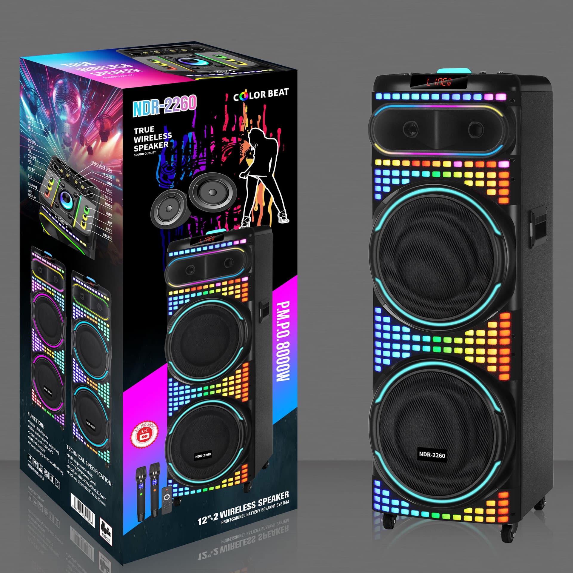 NDR-2260 Bluetooth Speaker 12-Inch Dual Speaker Wireless Microphone Portable Square Dance Card-Insert Audio RGB Color Lights