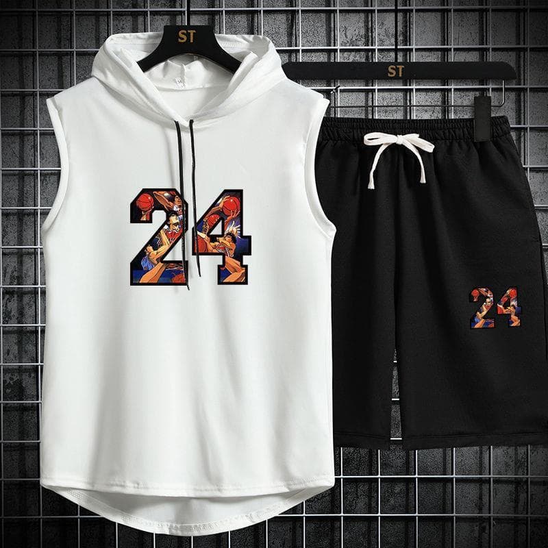 Summer Men's Hooded Vest T-Shirt Sports Set Sleeveless Tank Top Basketball Loose Streetwear Fitness Outerwear Vest