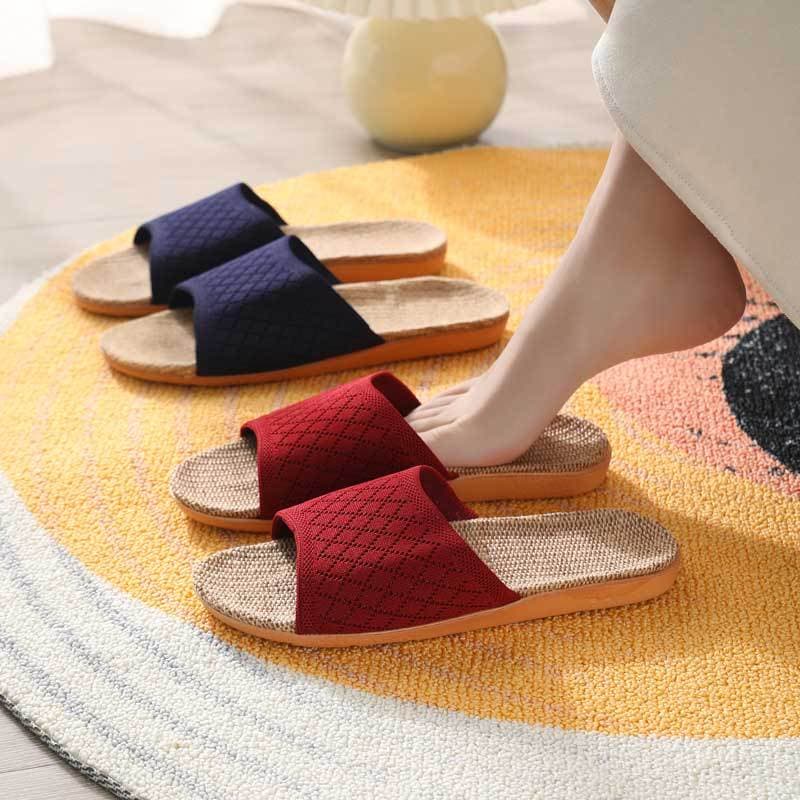 2021 New Flywoven Linen Slippers for Men and Women Spring and Summer Home Indoor Lightweight Sweat-Absorbent Breathable Four Seasons Linen Slippers for Women