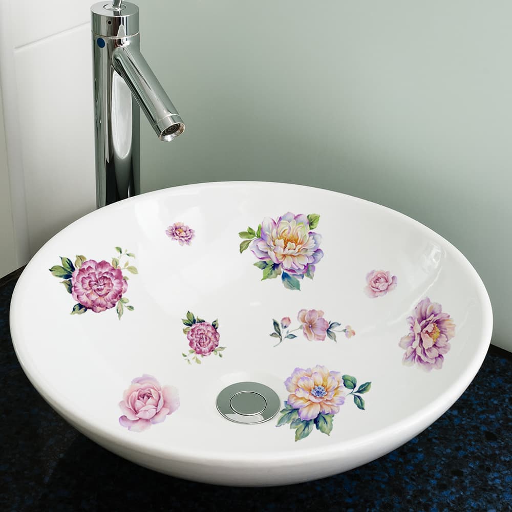 AD23211 Watercolor purple and pink peony flower bathroom wash basin decoration sticker, living room and bedroom wall decoration sticker.
