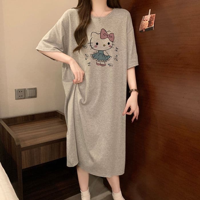 Women's Cotton Nightgown Summer New Round Neck Short Sleeve Mid-Length Sleep Dress Cartoon Casual Loose Comfortable Homewear