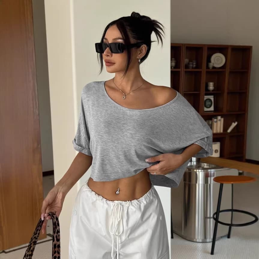 In Stock EU/US Cross-Border Women's Fashion Amazon New Casual Off-Shoulder Crop Top Sexy Short T-Shirt