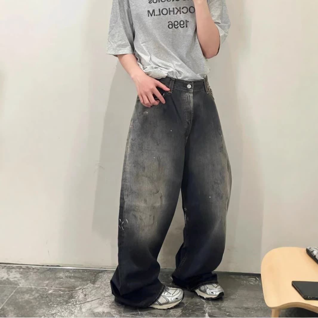 Original AC Style 24s Washed Black Splatter Paint Loose Wide-Leg Straight Fit Baggy Jeans Trend