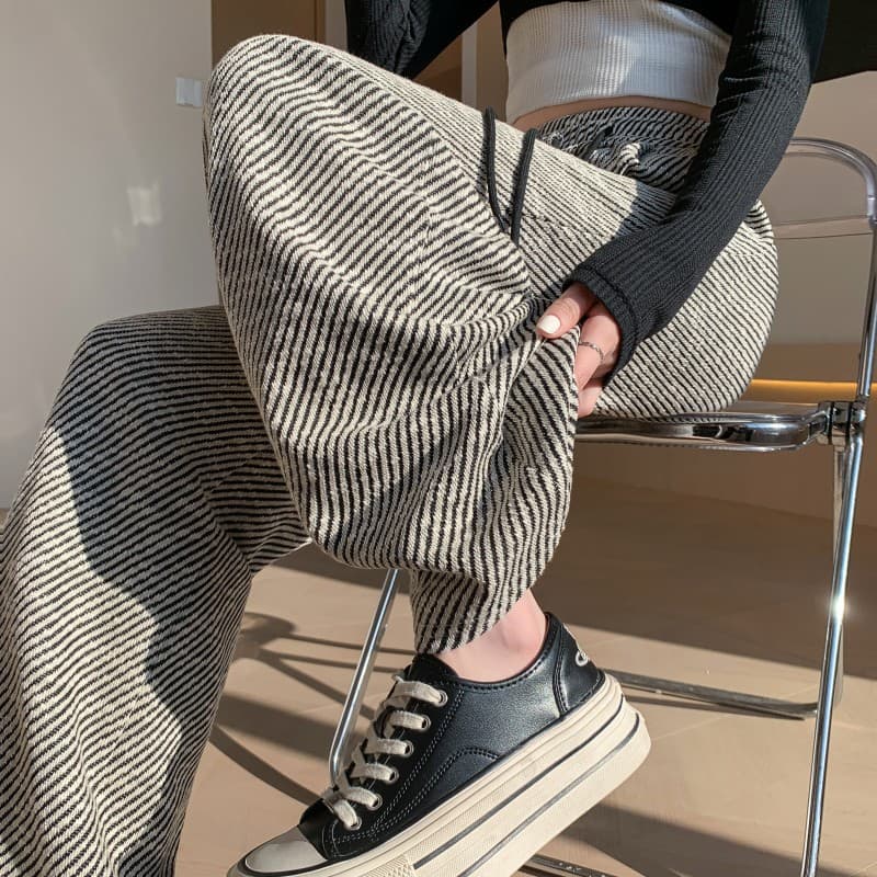 Twill Casual Wide-Leg Pants for Women, Spring High-Waist Sweatpants, Loose Flowing Straight-Leg Pants, Floor-Length Leisure Trousers