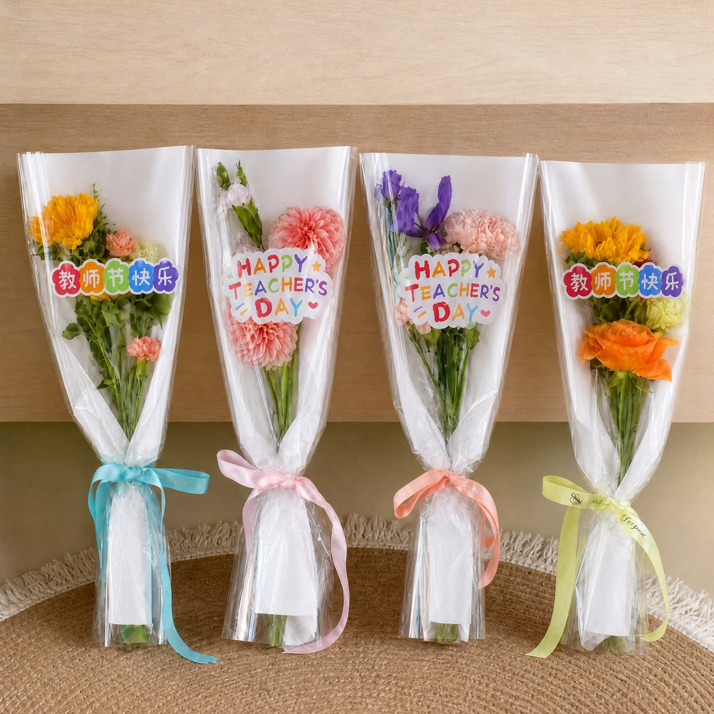New Teacher's Day Single Flower Bag Single Stem Bag Happy Teacher's Day Fresh Flower Packaging Bag Floral Supplies