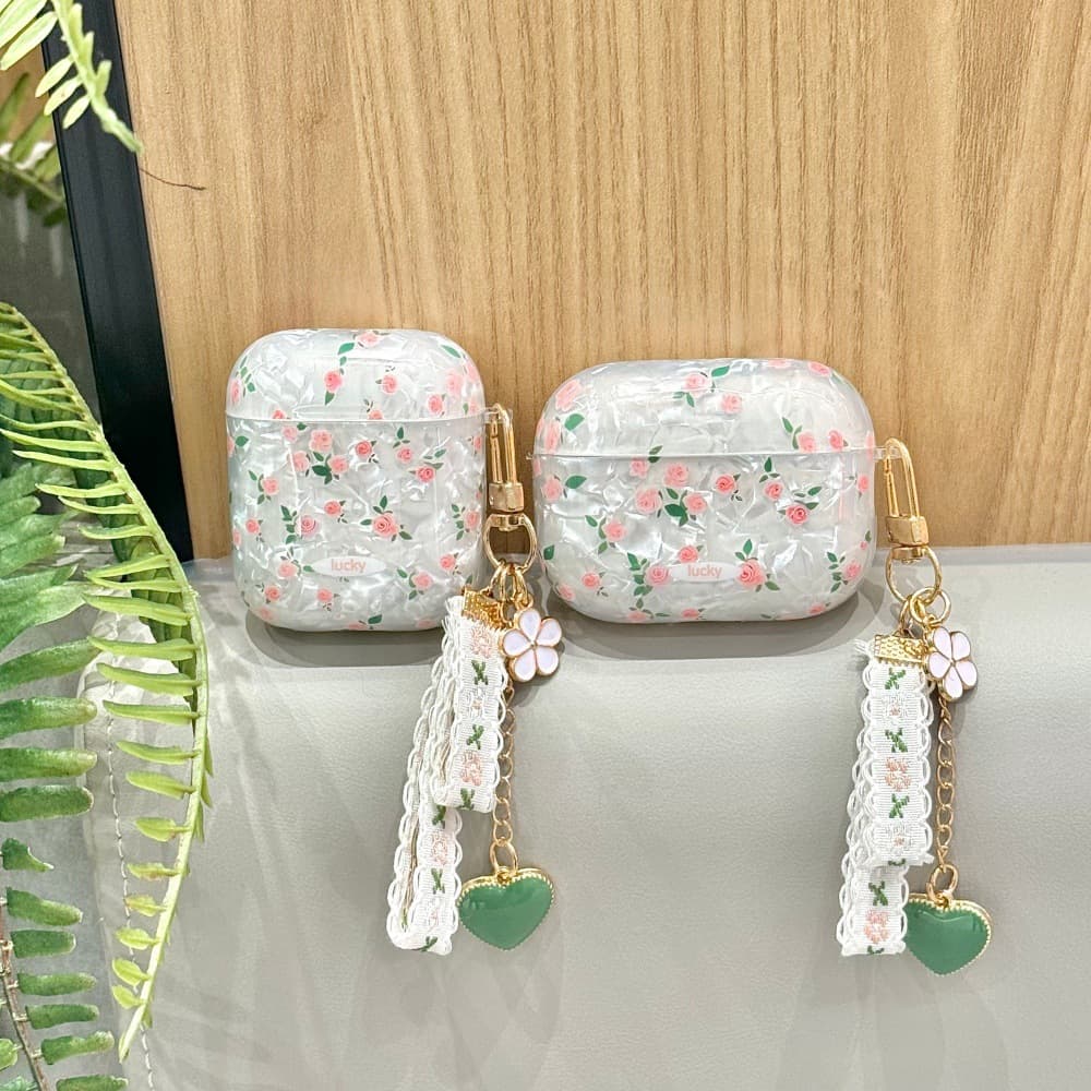 Shell Pattern Green Leaf Pink Flower Phone Case Suitable for Apple AirPods 3/4 Generation Creative Pendant Case Huawei Clip2