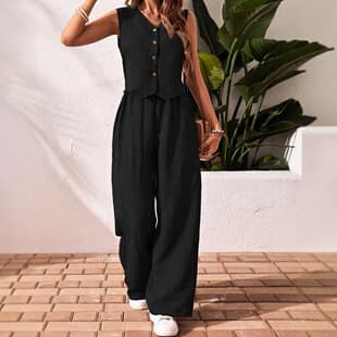 2026 Cross-Border New Sleeveless Button Vest and Wide-Leg Pants Set for Women, Summer Casual Solid Color Two-Piece